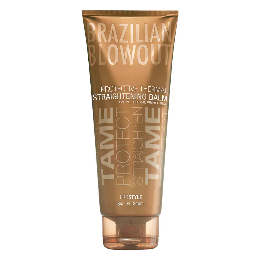 Bottle of Brazilian Blowout Tame Protect Straightening Balm on a white background