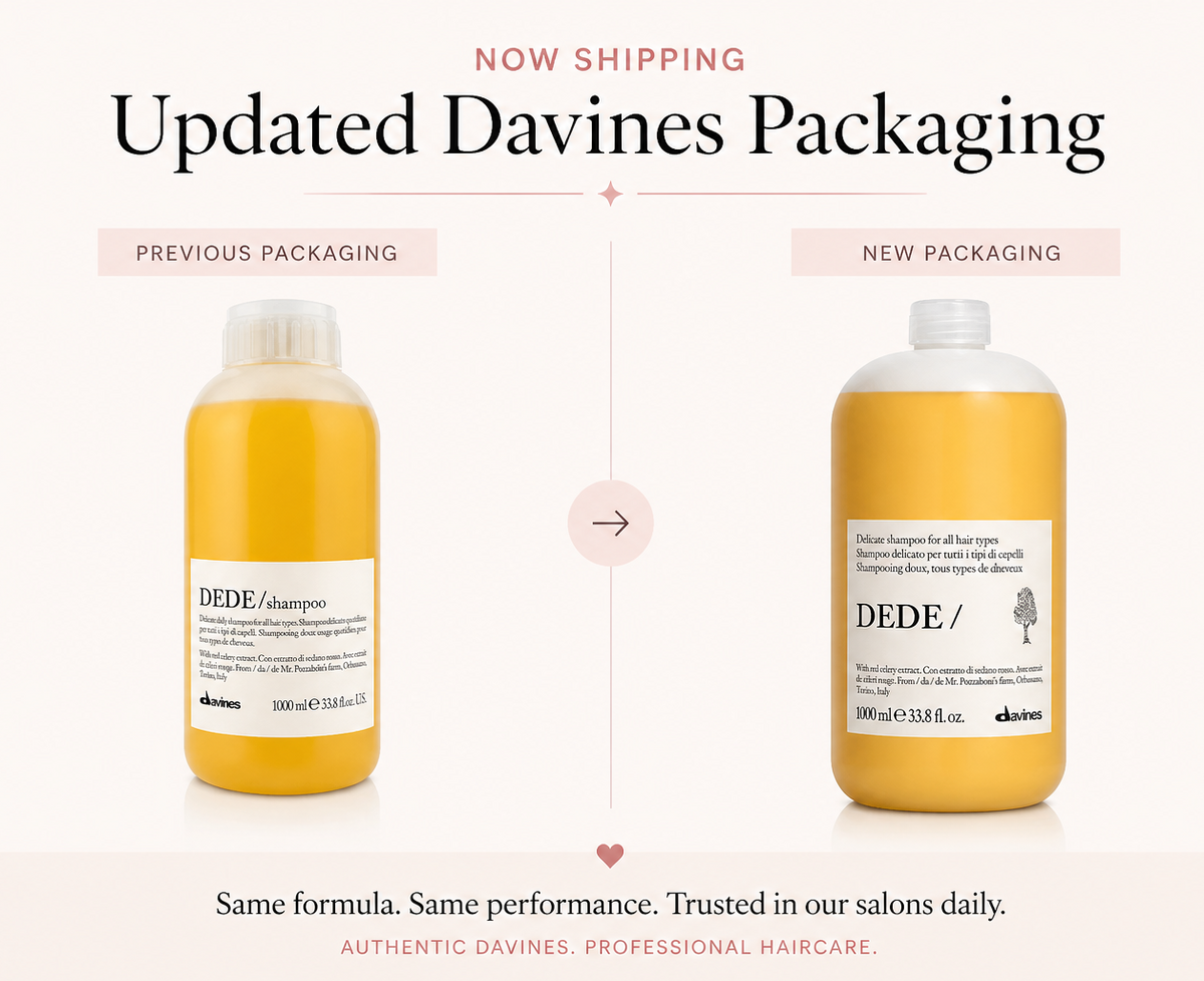 Comparison of Davines shampoo bottles with previous and new packaging on a white background.
