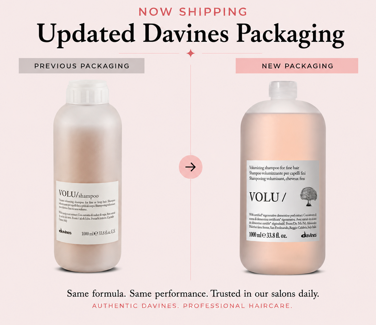 Comparison of Davines shampoo bottles with previous and new packaging