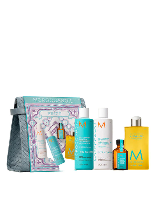 Moroccanoil Frizz Control Holiday Set with shampoo, conditioner, treatment, and free shower gel