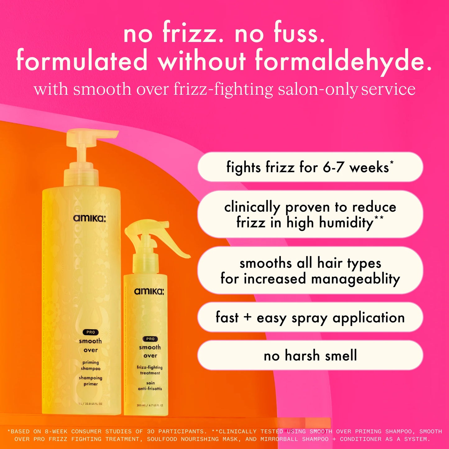 Amika Smooth Over frizz fighting system with priming shampoo and treatment reduces frizz smooths hair and improves manageability for up to 6 to 7 weeks