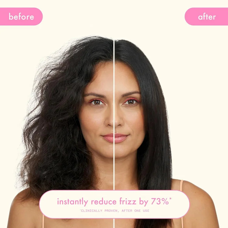 Before and after using Amika Smooth Over Priming Shampoo showing 73 percent frizz reduction with smoother shinier hair after one use