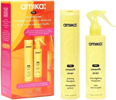 Amika hair care product set including shampoo, treatment, and packaging on a white background