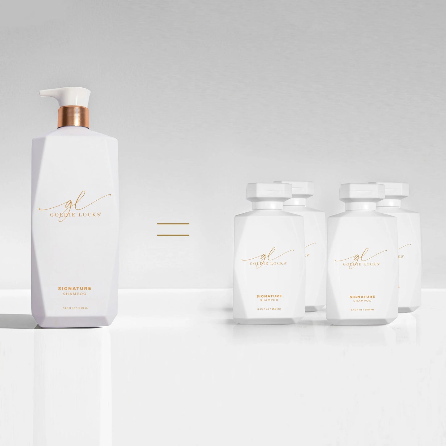 Goldie Locks Signature Shampoo liter bottle shown alongside multiple travel-size bottles, highlighting value and size comparison