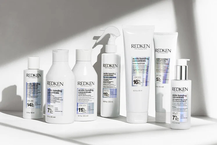 Complete Redken Acidic Bonding Concentrate system for strength repair, conditioning and shine