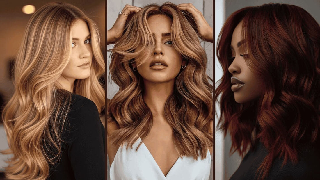 Three women with dimensional blonde, brunette, and auburn hair styled in soft waves, showcasing 2026 hair trends at Bombshell Hair & Beauty Studio