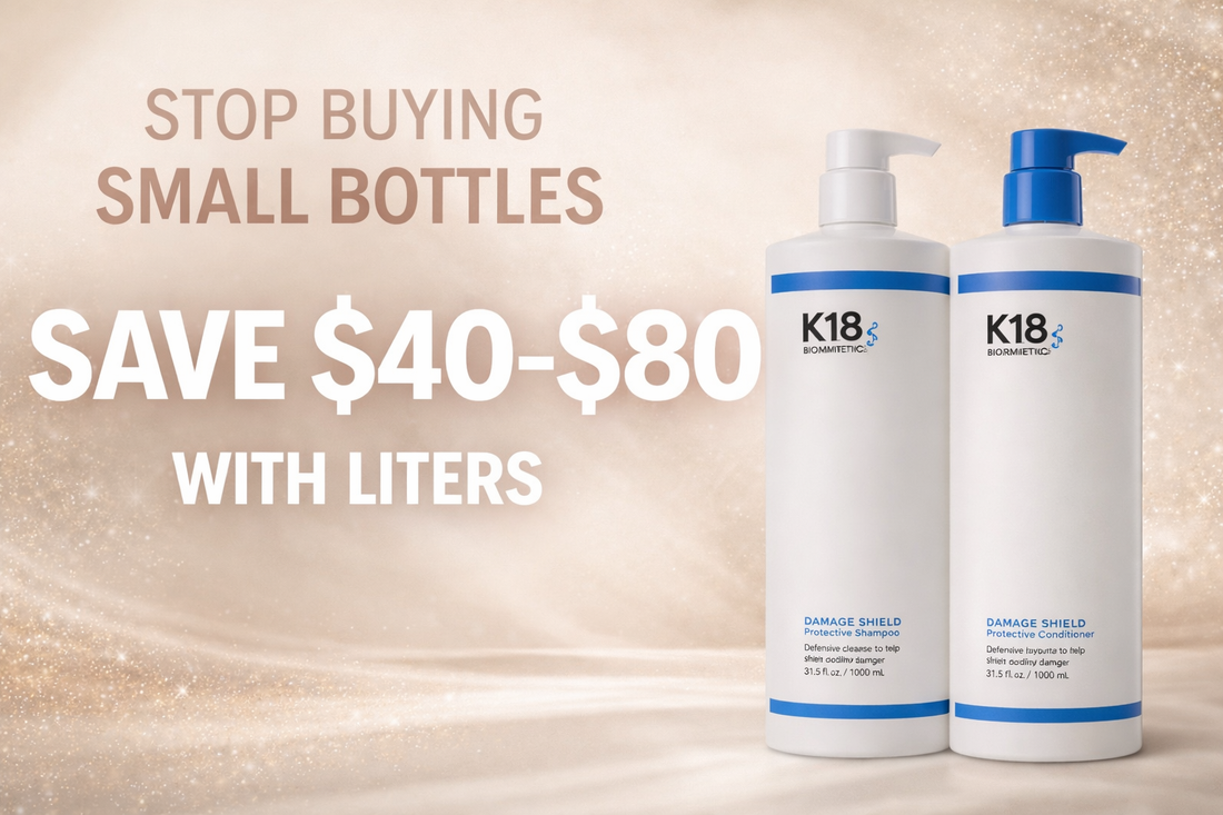 Professional shampoo and conditioner liter duo comparison showing 3–4x more product and $40–$80 savings vs retail size bottles