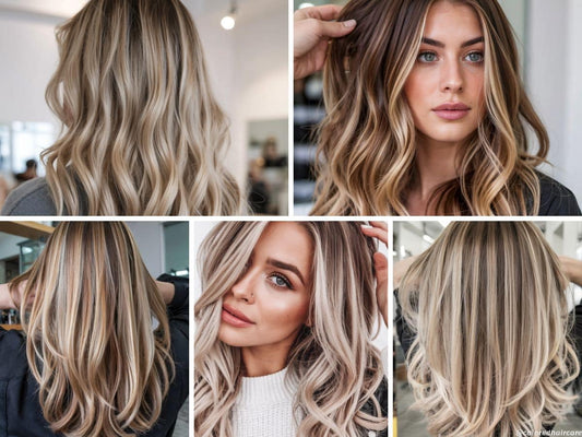 Various highlighting techniques including balayage, money piece highlights, and face-framing highlights on long wavy blonde and brunette hair, styled in loose waves.