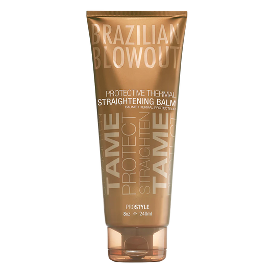Bottle of Brazilian Blowout Tame Protect Straightening Balm on a white background