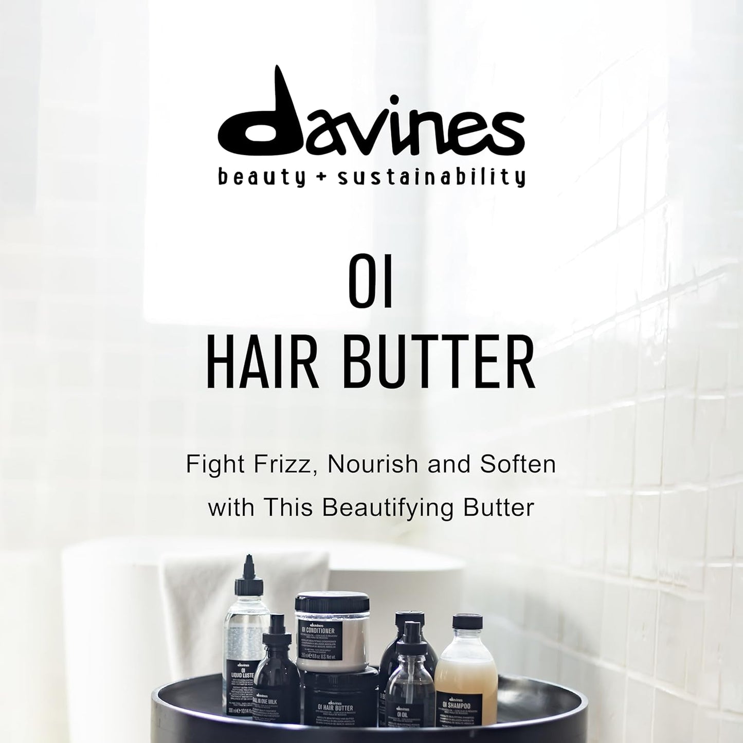 Davines OI Hair Butter products on a shelf with a white tiled wall Bombshell collar city salon and suites troy ny