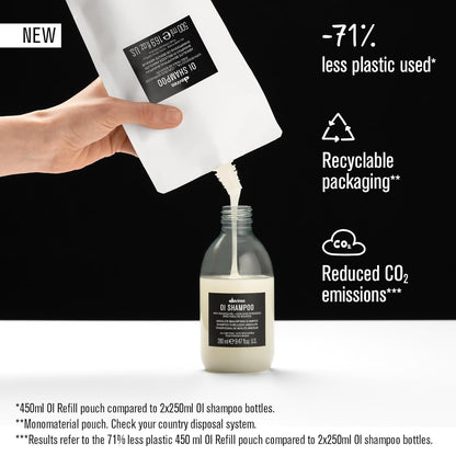 davines oi shampoo bombshell uptown salon delmar ny Refill pouch being poured into a bottle with sustainability benefits highlighted.