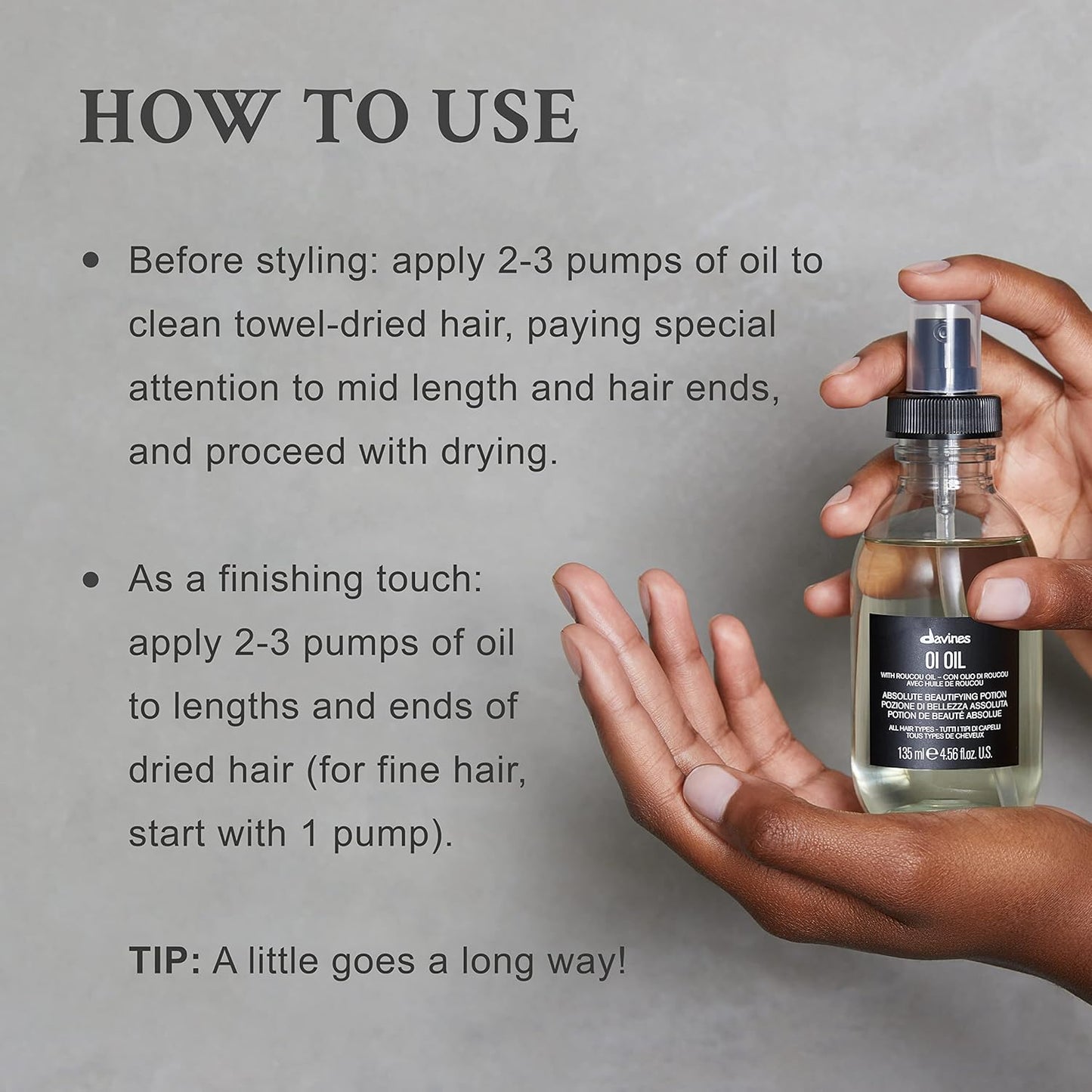 davines oi oil bombshell collar city salon and suites troy ny. Hair oil bottle with usage instructions on a gray background