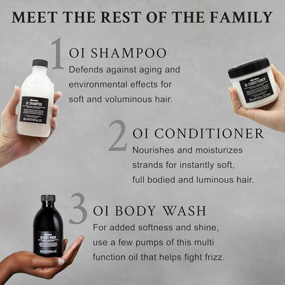 Advertisement for OI Shampoo, Conditioner, and Body Wash with product display and text on a gray background.