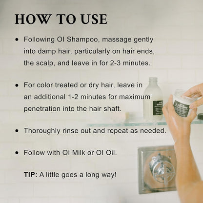 Instructions on how to use OI Shampoo with a bottle and container in the background. davines oi shampoo bombshell uptown salon delmar ny