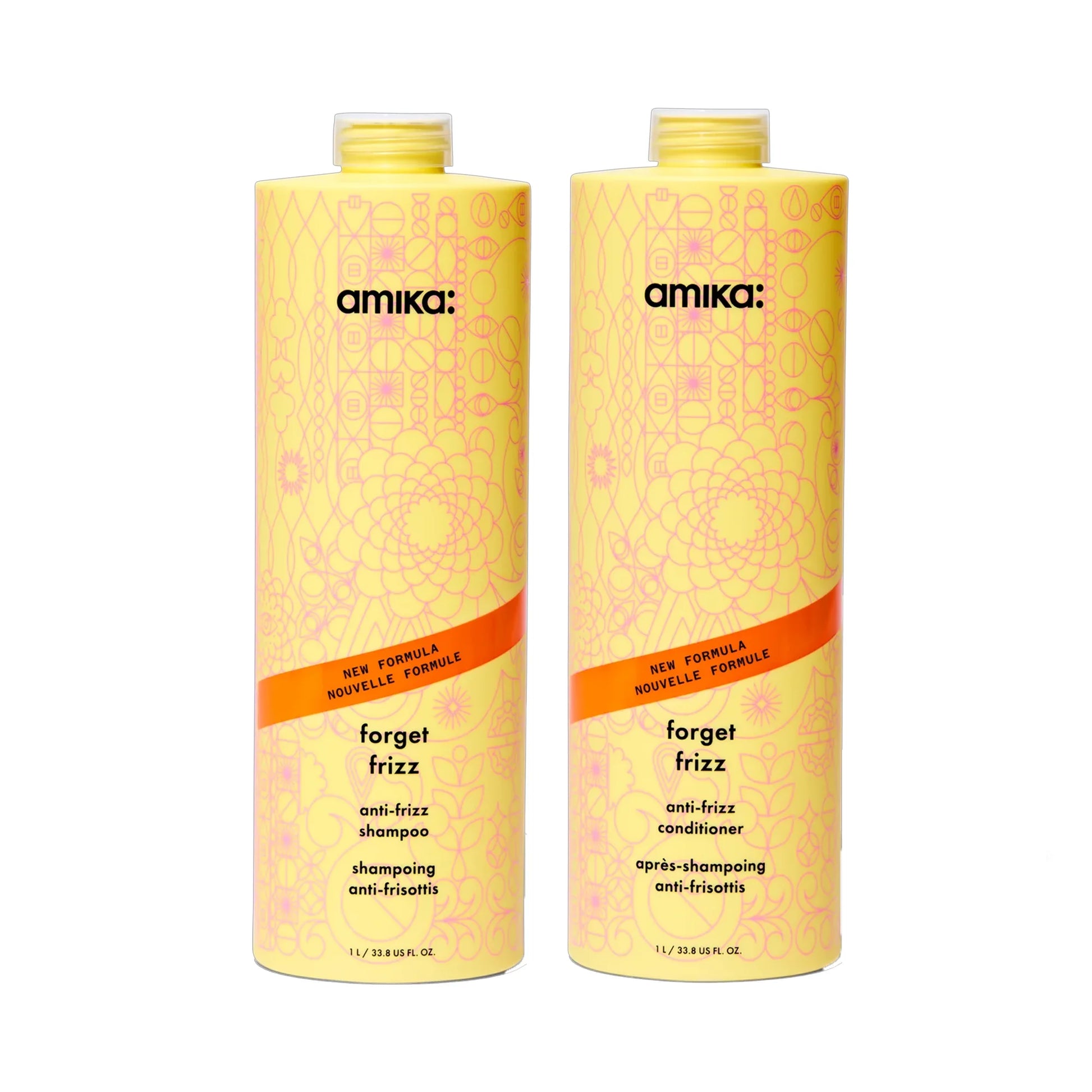 Two bottles of amika 'forget frizz' anti-frizz shampoo and conditioner on a white background