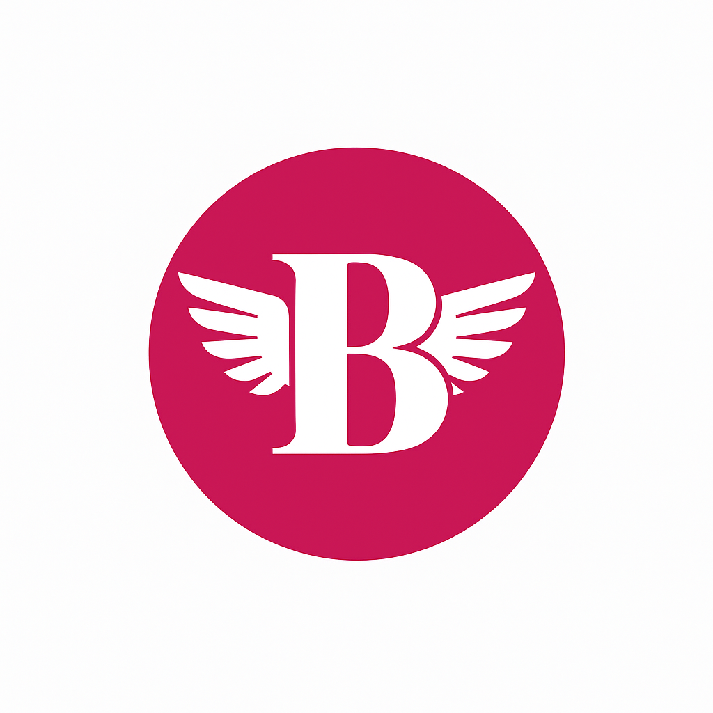 Logo with a white 'B' and wings on a pink circle