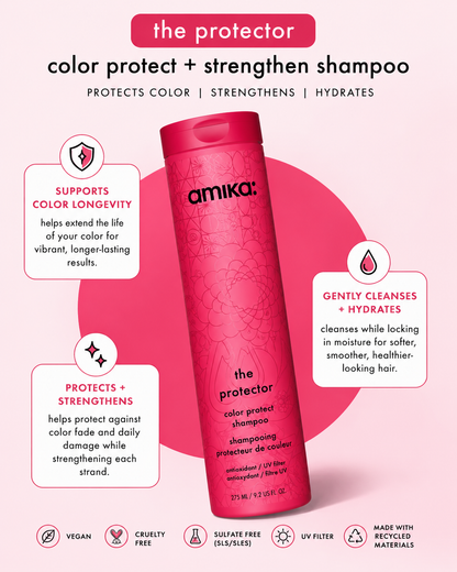 Amika The Protector Color Protect + Strengthen Shampoo bottle in a vibrant pink color, presented on a light pink background with informational text and icons.