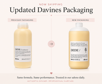 Comparison of Davines Dede conditioner bottles with updated packaging on a light pink background.