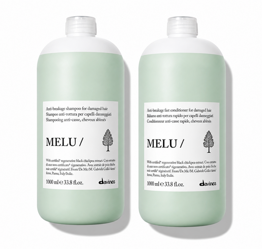 Two bottles of Melu shampoo and conditioner on a white background