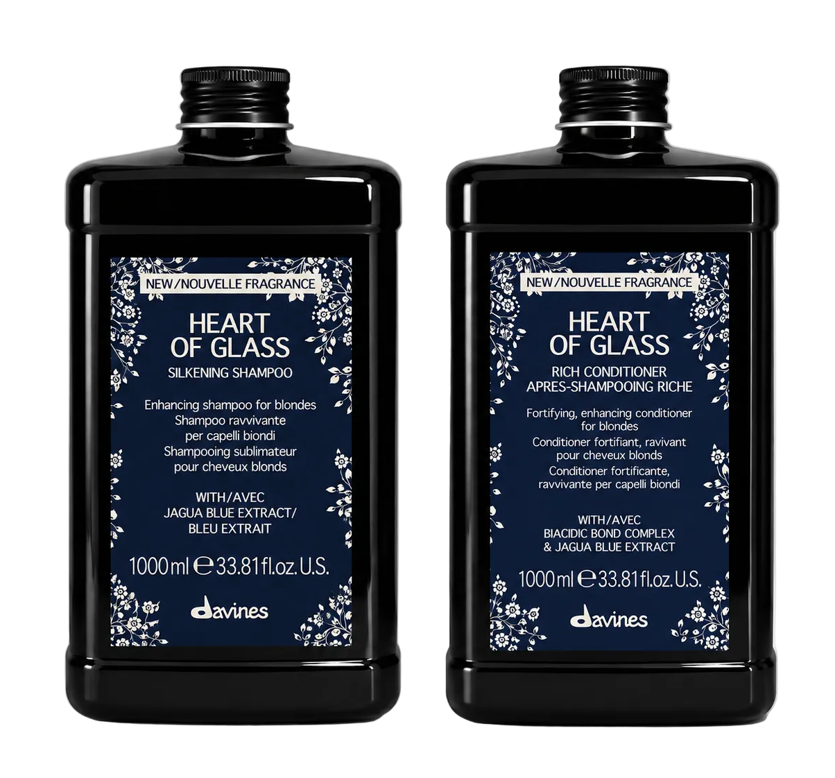 Davines Heart of Glass Silkening Shampoo and Rich Conditioner liter duo 1000ml bottles for blonde hair on a clean white background.