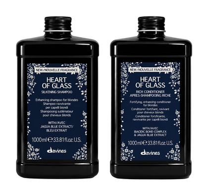 Davines Heart of Glass Silkening Shampoo and Rich Conditioner liter duo 1000ml bottles for blonde hair on a clean white background.