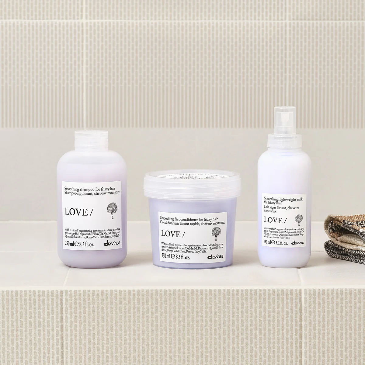 Davines love smoothing shampoo, conditioner and milk routine or frizzy hair