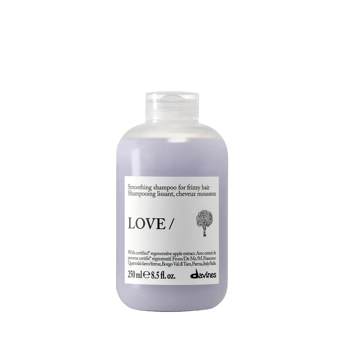 Bottle of Davines love smoothing shampoo 8.5 oz for frizzy hair