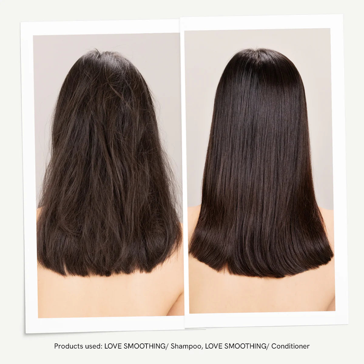 Before and after comparison of hair with Davines LOVE SMOOTHING shampoo and conditioner.