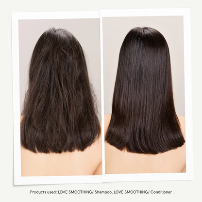 Before and after comparison of hair with Davines LOVE SMOOTHING shampoo and conditioner.