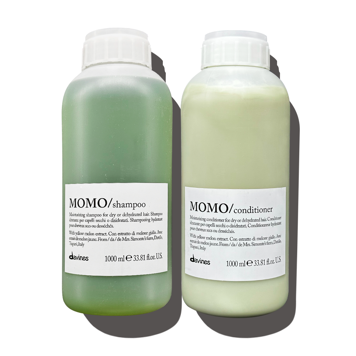 Davines MOMO Shampoo and Conditioner liter duo for dry and dehydrated hair hydration and softness
