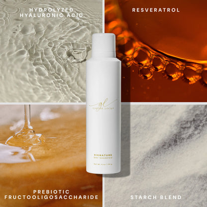 A white cylindrical skincare bottle labeled 'gl. beauty glow' stands centered in a four-panel collage with text highlighting ingredients: hydrolyzed hyaluronic acid, resveratrol, prebiotic fructooligosaccharide, and starch blend.