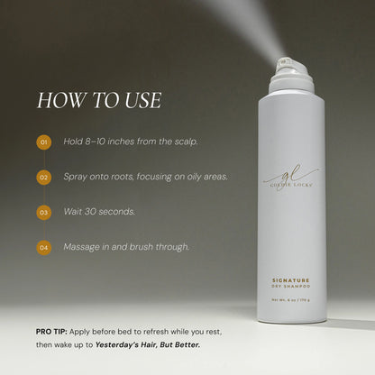 A white canister of Signature Dry Shampoo with a spray nozzle, shown dispensing mist on a dark gray background. The left side features a 'HOW TO USE' guide with step-by-step instructions, and a 'PRO TIP' at the bottom.
