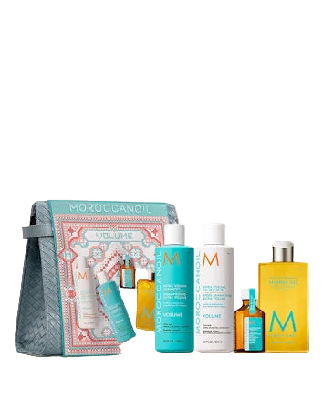 Moroccanoil Extra Volume Holiday Set with shampoo, conditioner, treatment, and free shower gel