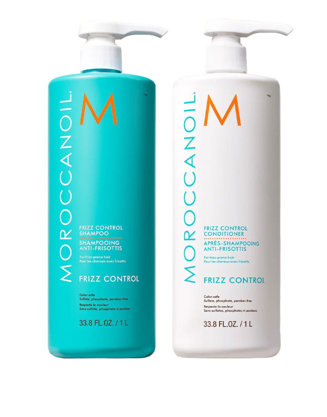 Two bottles of Moroccanoil Frizz Control shampoo and conditioner on a neutral background