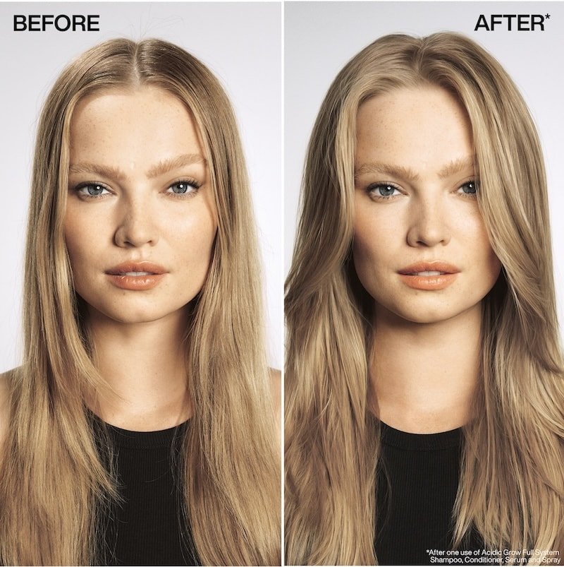 Redken Acidic Grow Full system before and after results showing thicker fuller looking hair for thinning hair