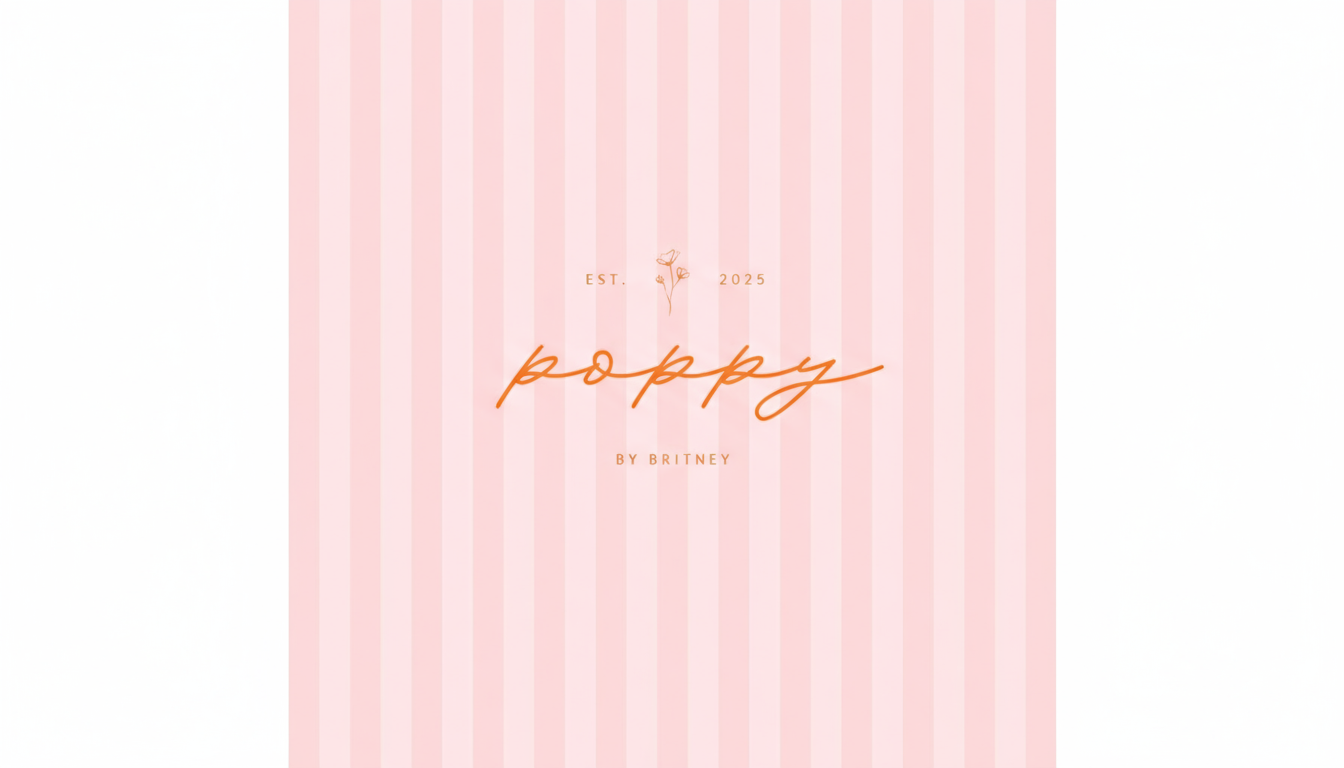 Pink and white striped background with 'poppy' text