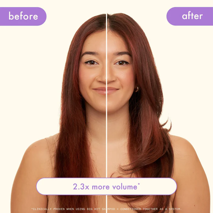 Before and after using Amika Big Hit showing increased volume and fuller hair