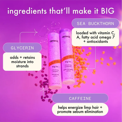 Amika Big Hit volumizing shampoo and conditioner ingredients including glycerin caffeine and sea buckthorn for volume and hydration