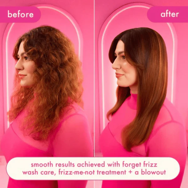 Before and after results using Amika Forget Frizz shampoo and conditioner for smoother hair