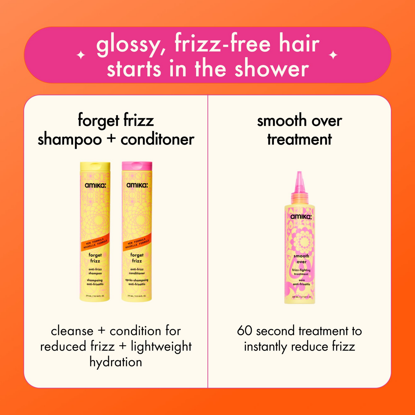 Amika Forget Frizz shampoo and conditioner duo with smoothing routine for frizz-free hair