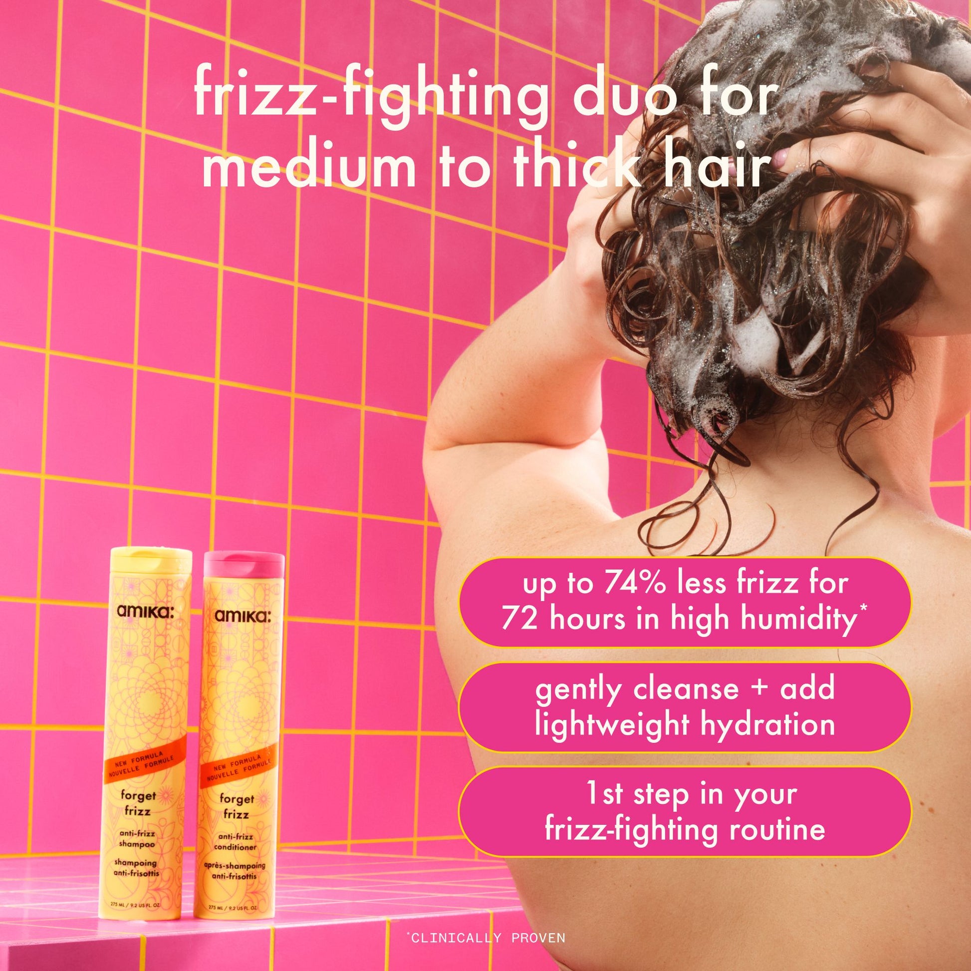Amika Forget Frizz shampoo and conditioner duo reducing frizz and humidity for smooth hair