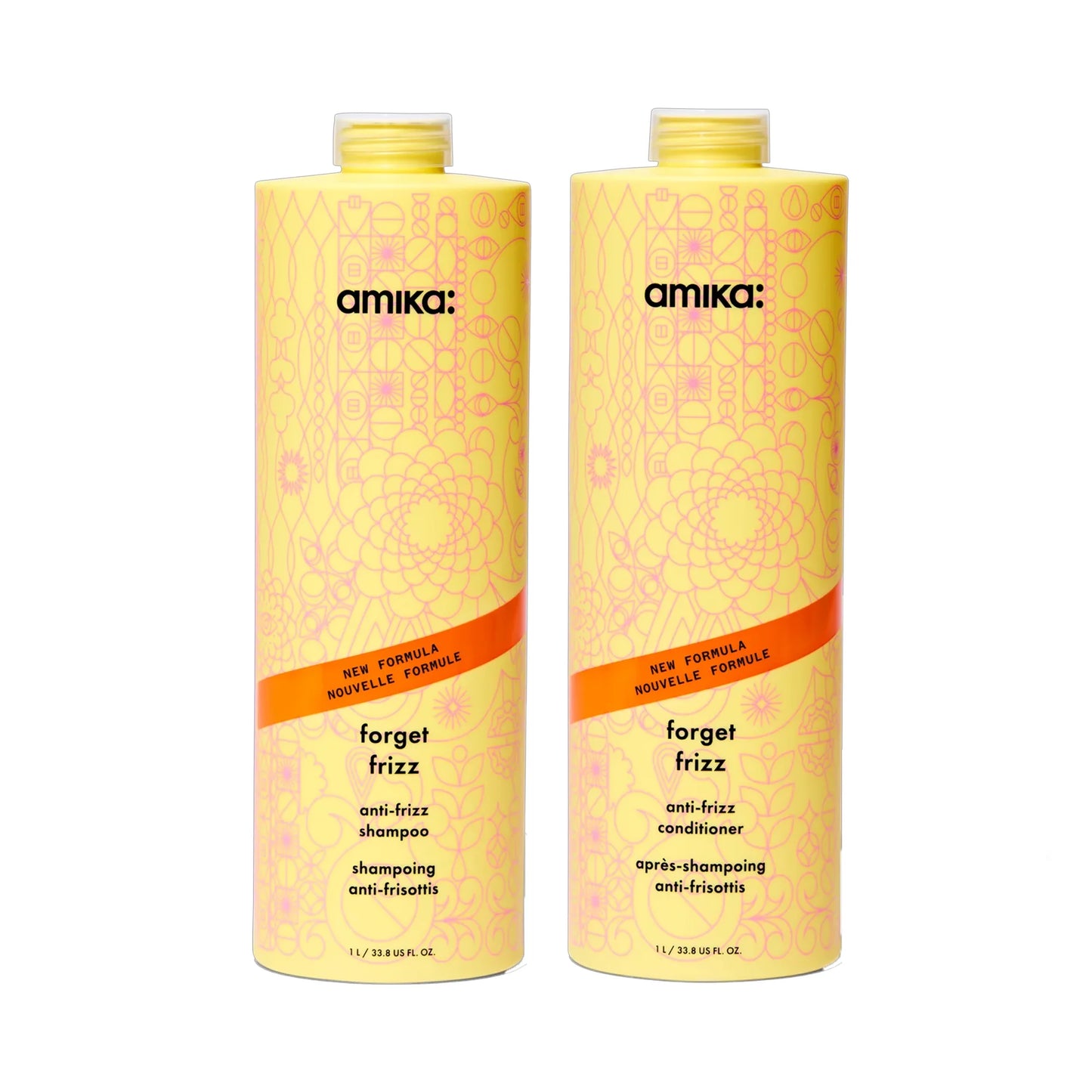 Amika Forget Frizz shampoo and conditioner liter duo for smoothing and frizz control