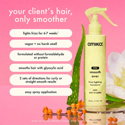 Amika Smooth Over Frizz Fighting Treatment benefits including 6 to 7 week frizz control humidity protection vegan formula and smooth shiny hair results