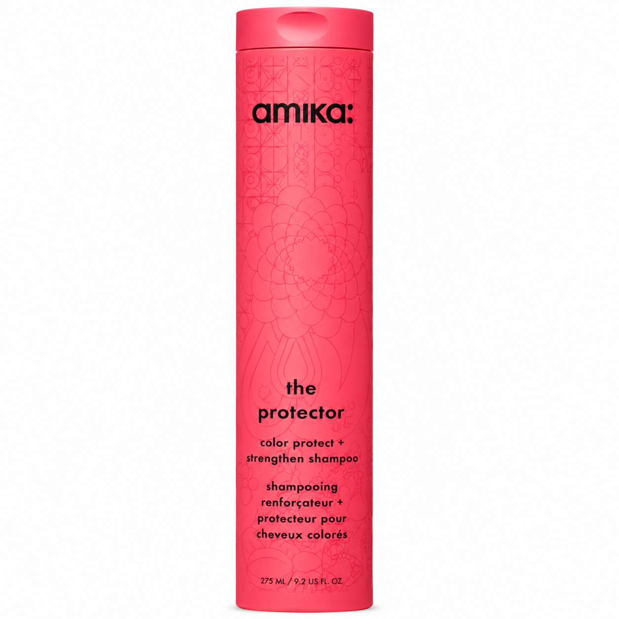 Amika The Protector Color Protect + Strengthen Shampoo 9.2 oz bottle on a white background.