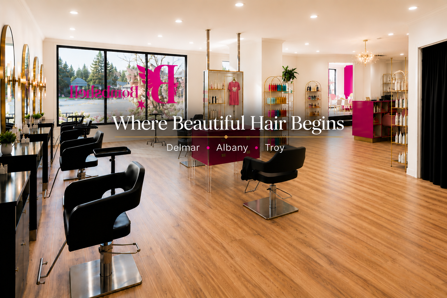 Modern Bombshell Salons & Suites interior in Delmar, Albany and Troy with luxury hair salon styling stations and the text "Where Beautiful Hair Begins."
