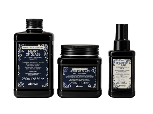 Davines HEART OF GLASS blonde haircare set with shampoo conditioner and Beautiful Things leave in mask