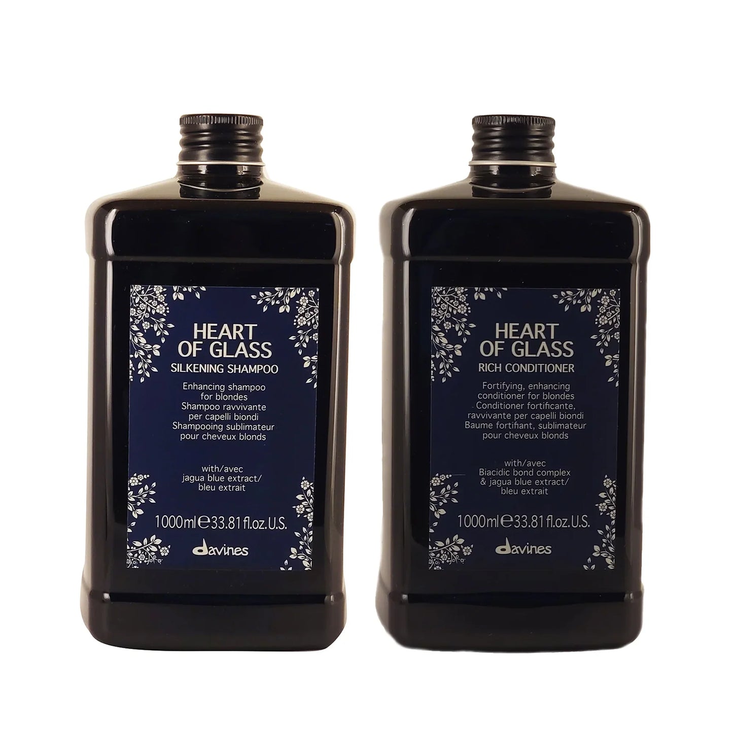 Davines Heart of Glass shampoo and conditioner liter duo for blonde hair hydration and toning
