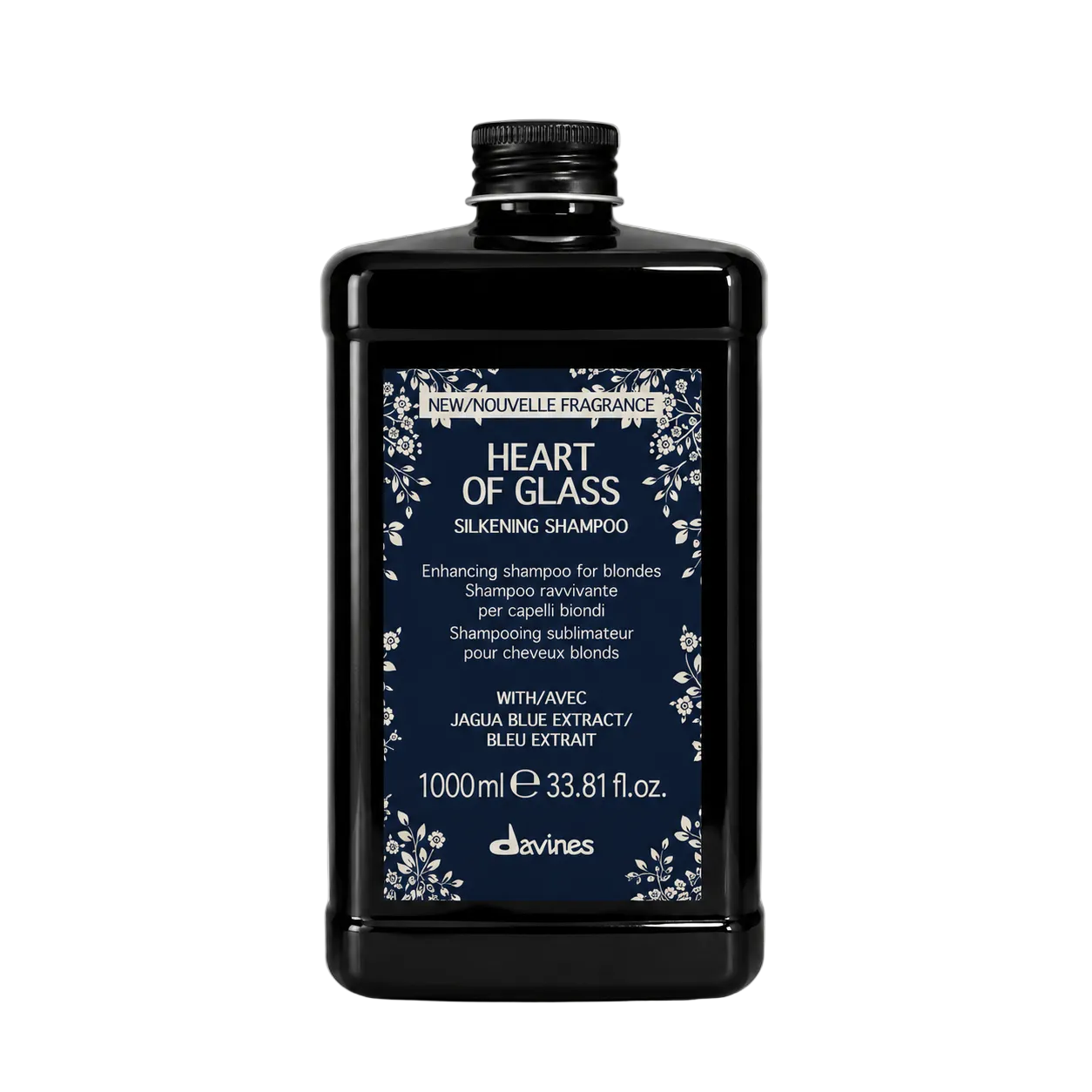 Davines Heart of Glass Silkening Shampoo liter bottle 1000ml for enhancing blonde hair on a clean white background.