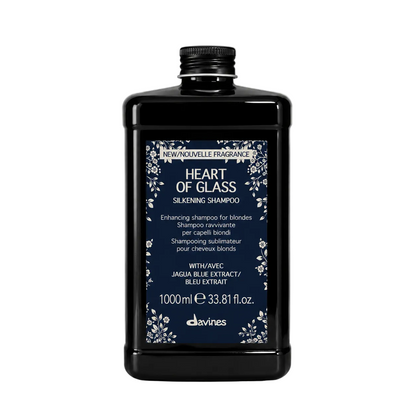 Davines Heart of Glass Silkening Shampoo liter bottle 1000ml for enhancing blonde hair on a clean white background.