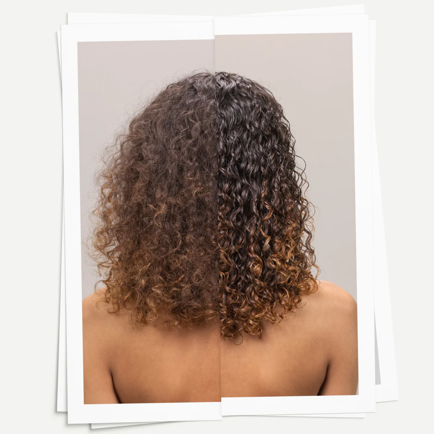 Before and after using Davines LOVE CURL enhancing milk showing defined frizz-free hydrated curls